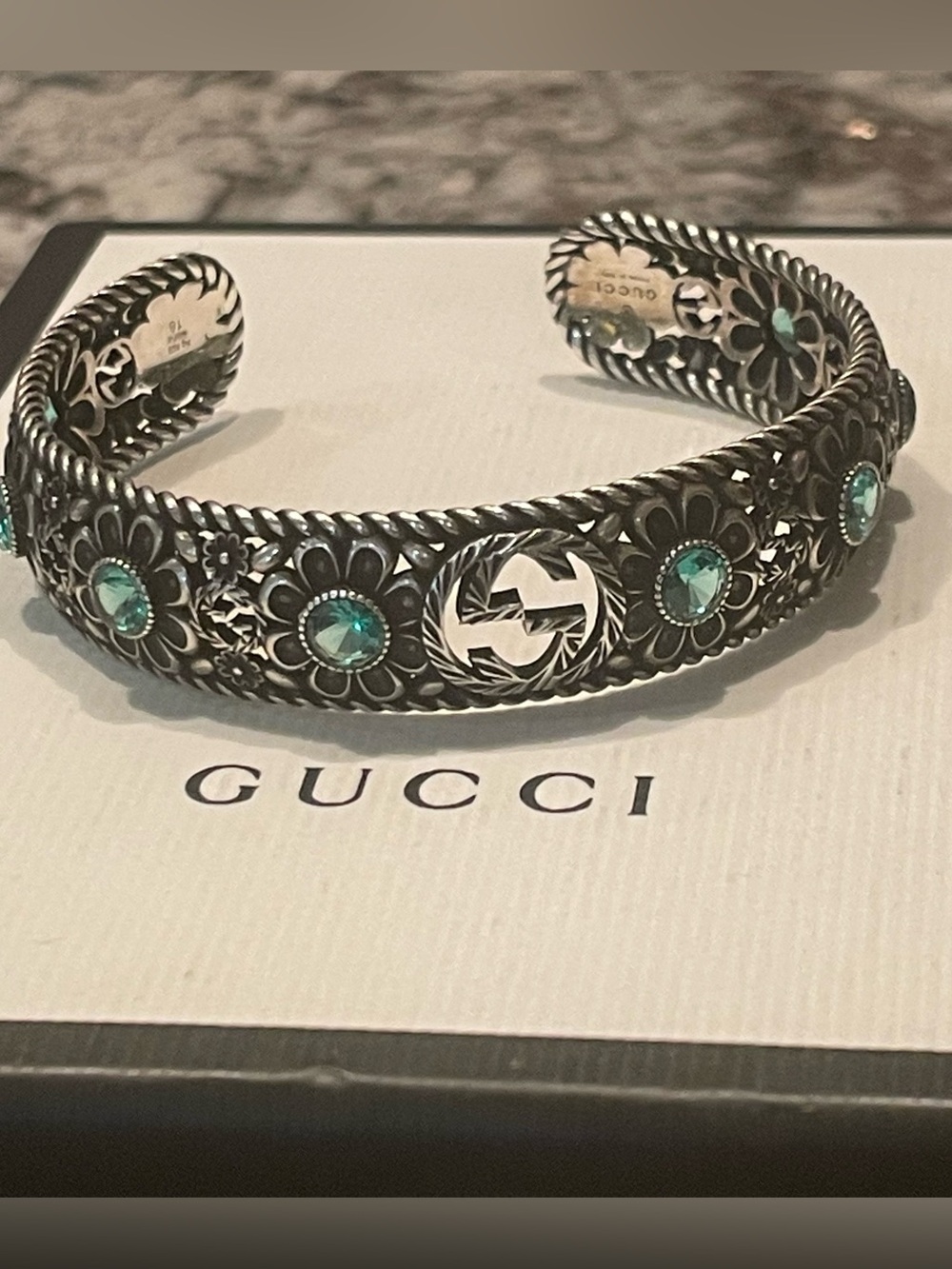 GUCCI~507107 Interlocking G Flower Sterling Silver AG925 Cuff Bracelet, UNISEX